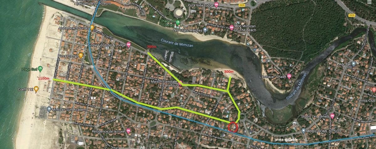 Carte de localisation : distances à pied jusqu'à la plage, le Courant et la piste cyclable depuis Les Bruyères, Mimizan-Plage